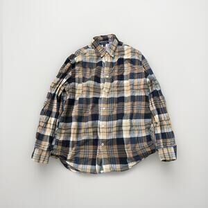 Tommy Hilfiger Men’s Plaid Flannel Shirt LARGE - Tan Brown Navy